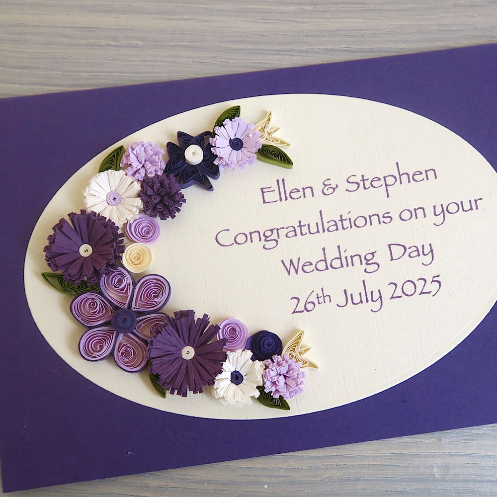 Handmade wedding congratulations card, personalised with quilling