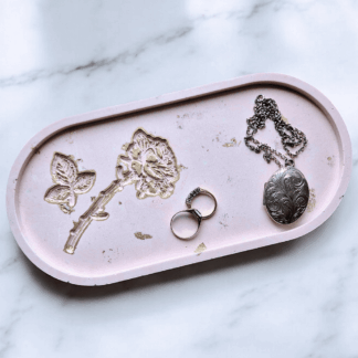 Pink Jesmonite oval tray with gold rose detail
