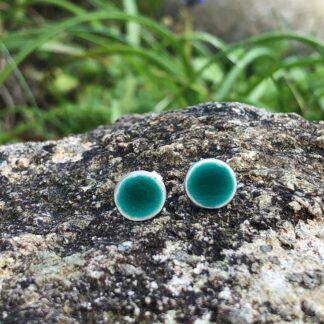 Silver and turquoise round enamel stud earrings in vibrant green ocean turquoise