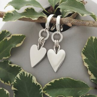 Handmade solid sterling silver heart and circle dangle drop earrings suspended from 12mm diameter huggie hoop leverback fittings