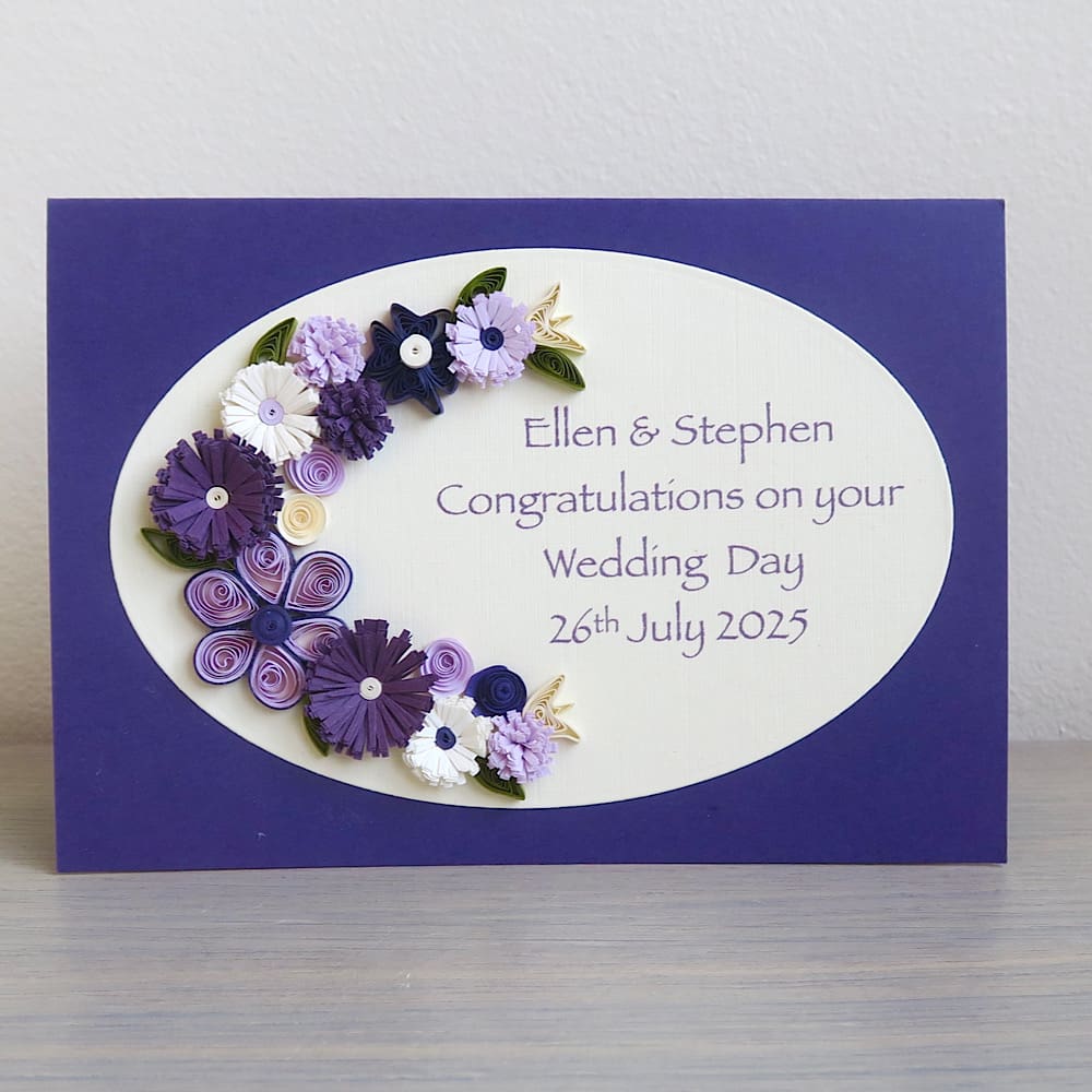 Handmade wedding congratulations card, personalised with quilling