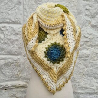 beautiful unique crocheted shawl blue green cream
