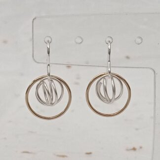 filled gold wire circle and sterling silver wire knot drop earrings
