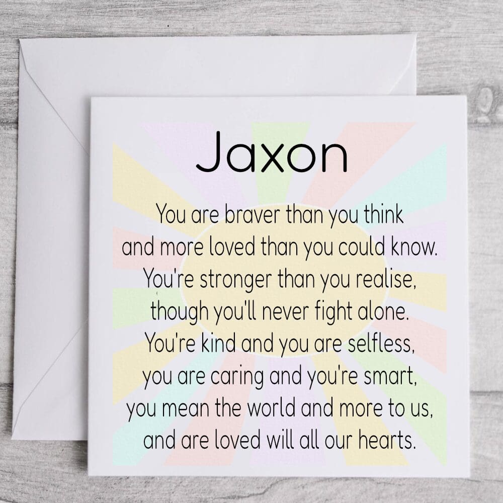A square 12cm card on a wooden background with a white envelope. The card features a pastel sunburst background and a poem starting with "You are braver than you think," personalised with the name "Jaxon" at the top.