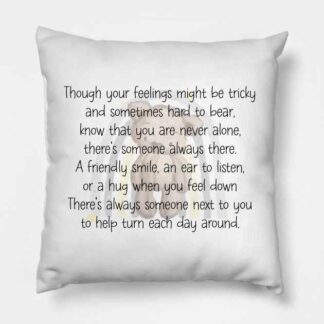 Square white velvet-feel cushion featuring a watercolor teddy bear in front of a faint rainbow, with a supportive poem about mental health and never being alone.