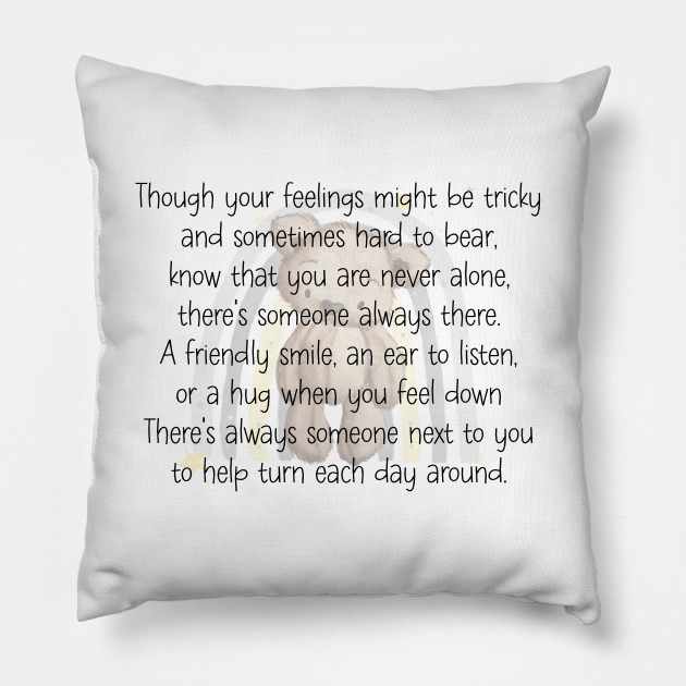 Square white velvet-feel cushion featuring a watercolor teddy bear in front of a faint rainbow, with a supportive poem about mental health and never being alone.