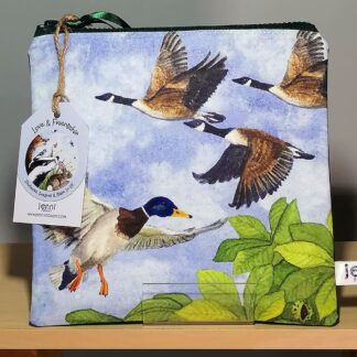 Square flat toiletries bag or roomy pencil case featuring three flying geese and a duck