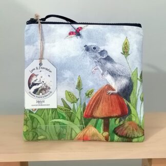 Square toiletries bag or roomy pencil case featuring a mouse standing on a toadstool investigating a ladybird