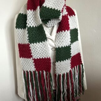 A-Crocheted-Red-White-And-Green-Tasseled Scarf
