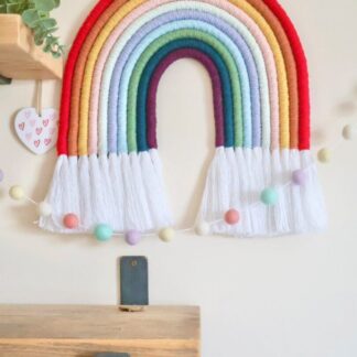 Close-up of XXL Macramé Rainbow showing intricate handwoven details and soft, eco-friendly cotton fibres