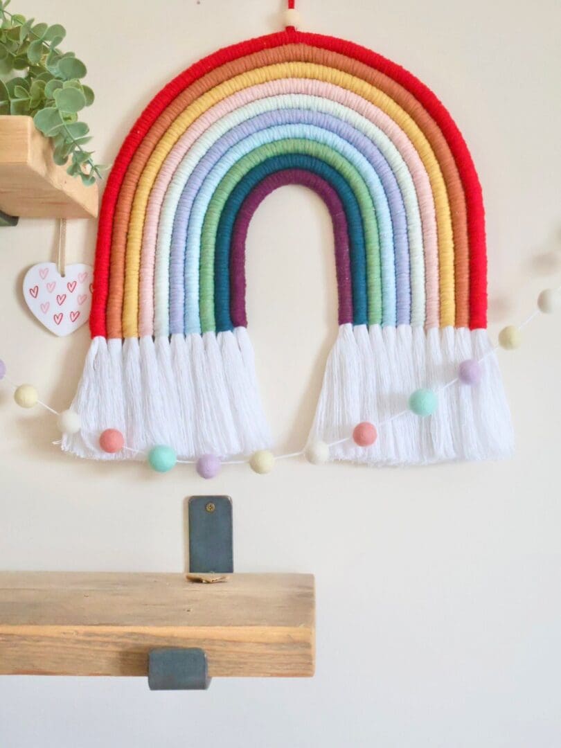 Close-up of XXL Macramé Rainbow showing intricate handwoven details and soft, eco-friendly cotton fibres