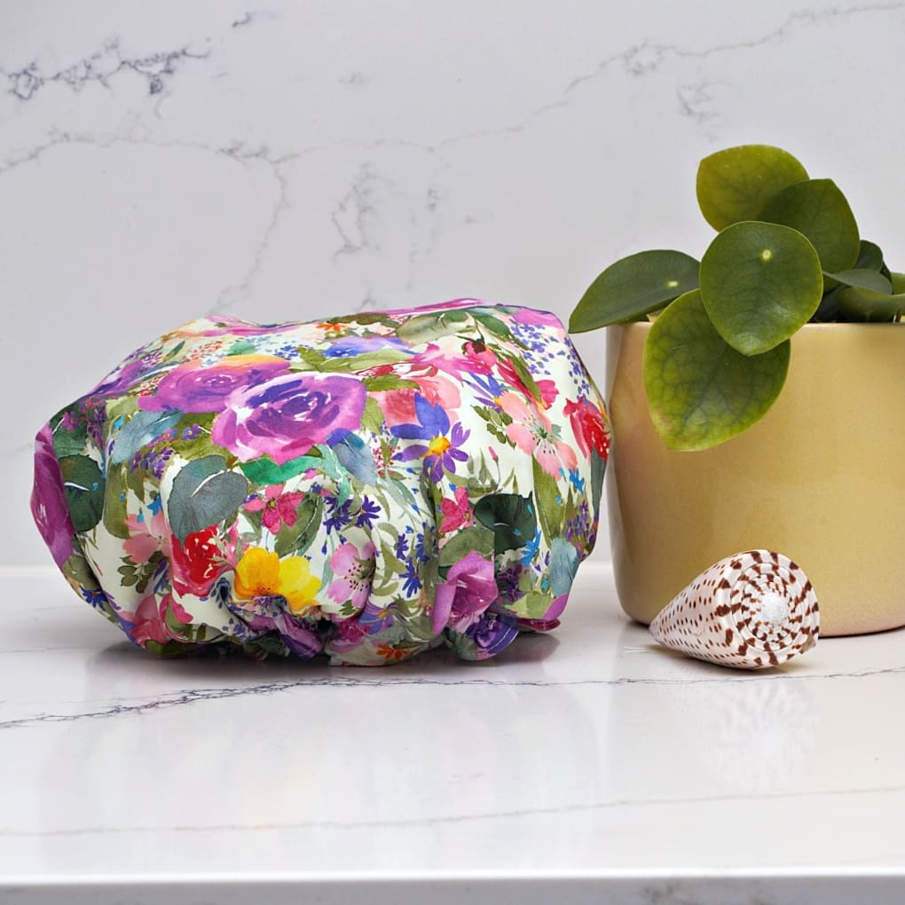 Pink and Purple Floral Luxury Shower Cap - Image 2