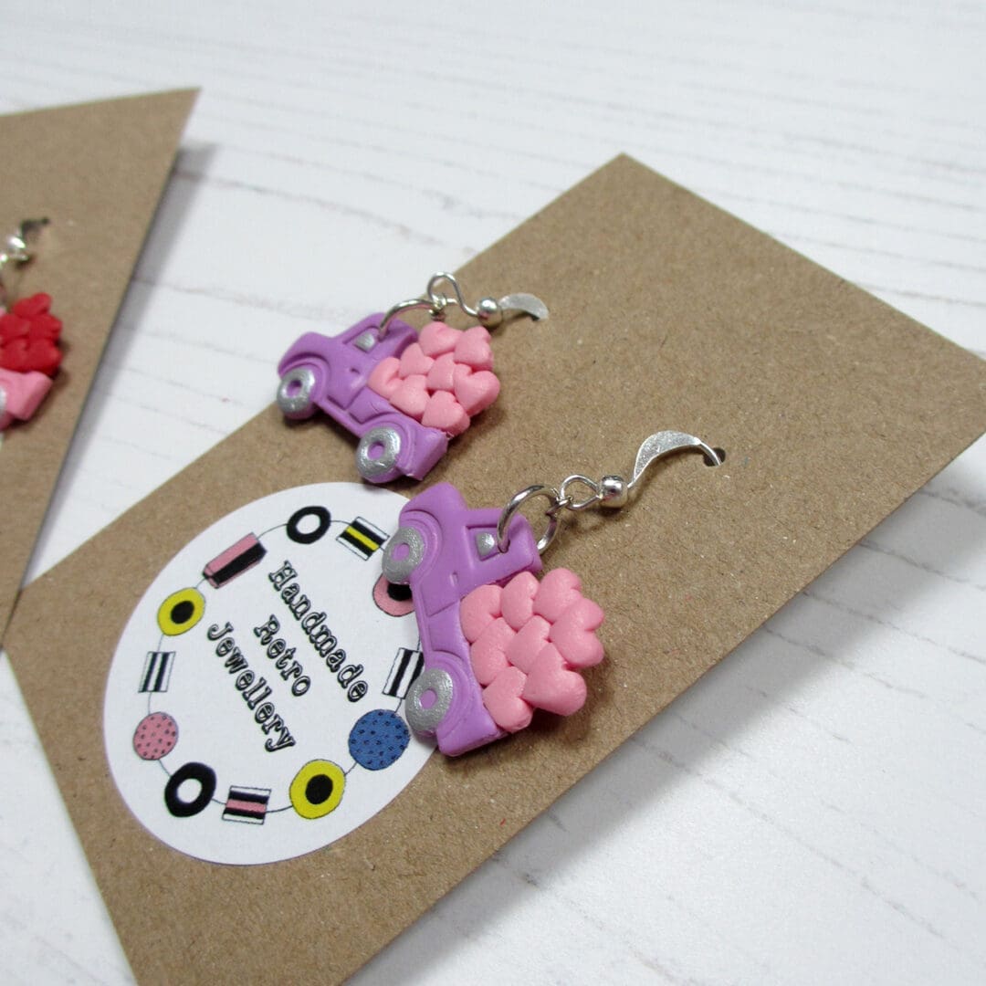 Mini trucks with hearts Valentine's earrings CHOOSE YOUR COLOUR - Image 2