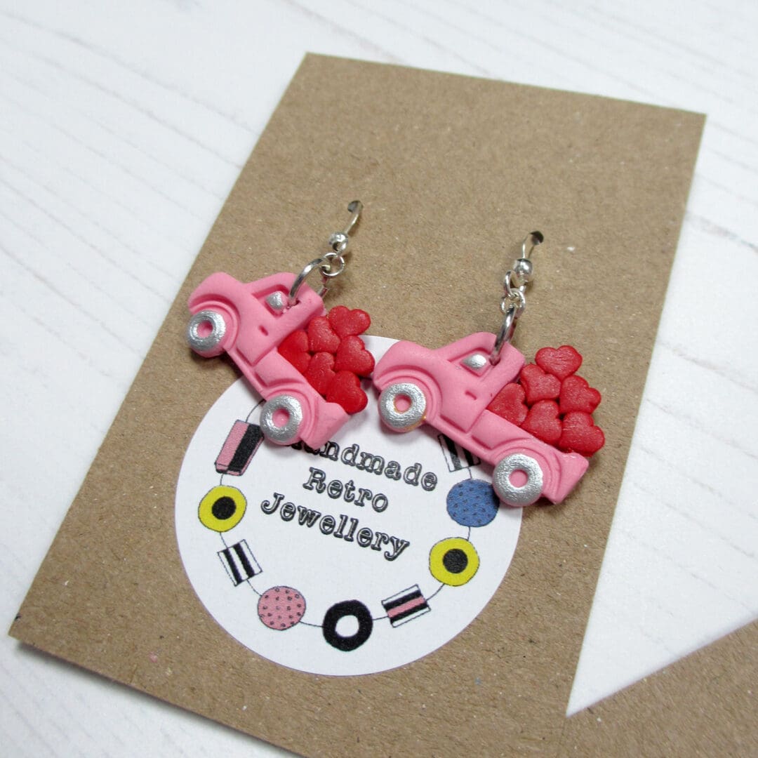 Mini trucks with hearts Valentine's earrings CHOOSE YOUR COLOUR - Image 3