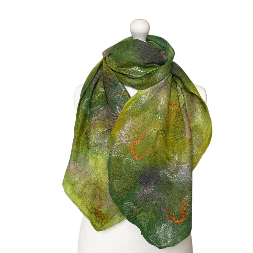 Spring Field Handmade Green Merino Wool and Silk Felted Scarf - Image 2