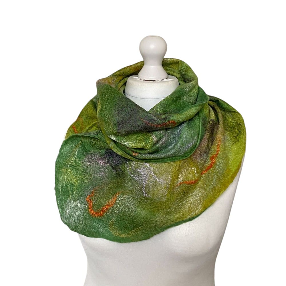 Spring Field Handmade Green Merino Wool and Silk Felted Scarf - Image 3