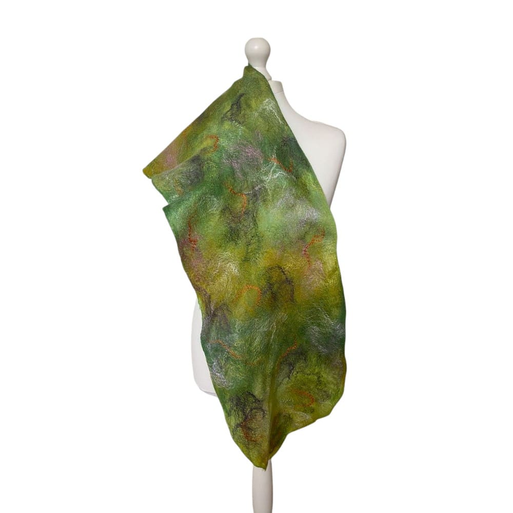 Spring Field Handmade Green Merino Wool and Silk Felted Scarf - Image 7