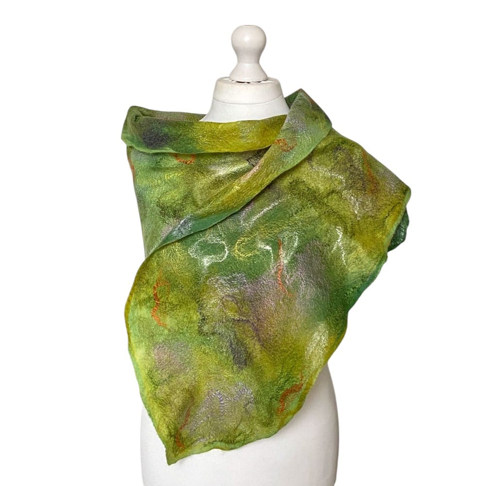Spring Field Handmade Green Merino Wool and Silk Felted Scarf - Image 5