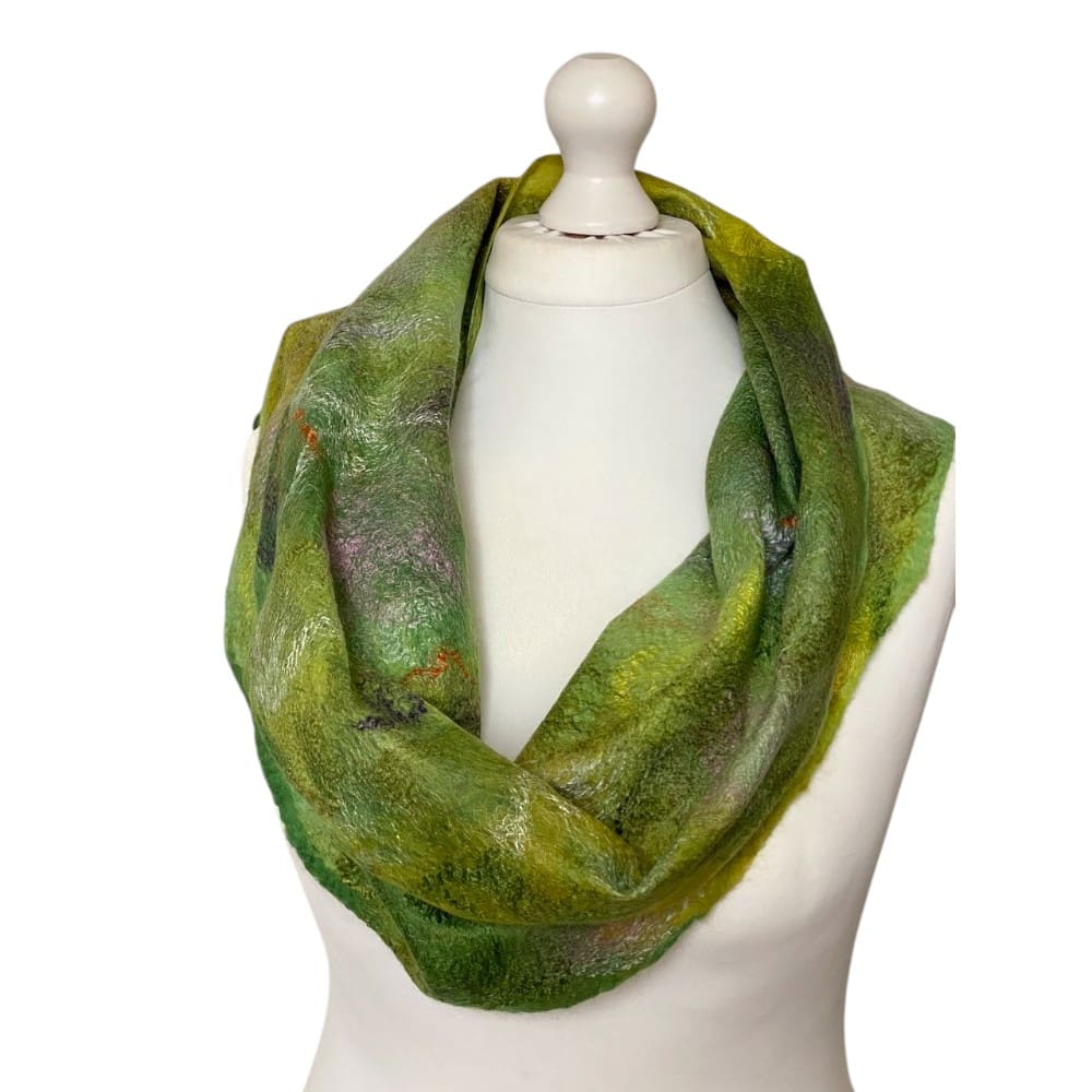 Spring Field Handmade Green Merino Wool and Silk Felted Scarf - Image 4