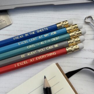 A set of five Excel-themed pencils laid out on a desk, featuring gold foil-stamped text with fun finance and spreadsheet puns. The pencils are red, royal blue, blue, teal, and grey, each with a gold ferrule and white eraser. Surrounding them are a notebook, metal paper clips, and a sharpened pencil, creating a stylish and professional office setup.