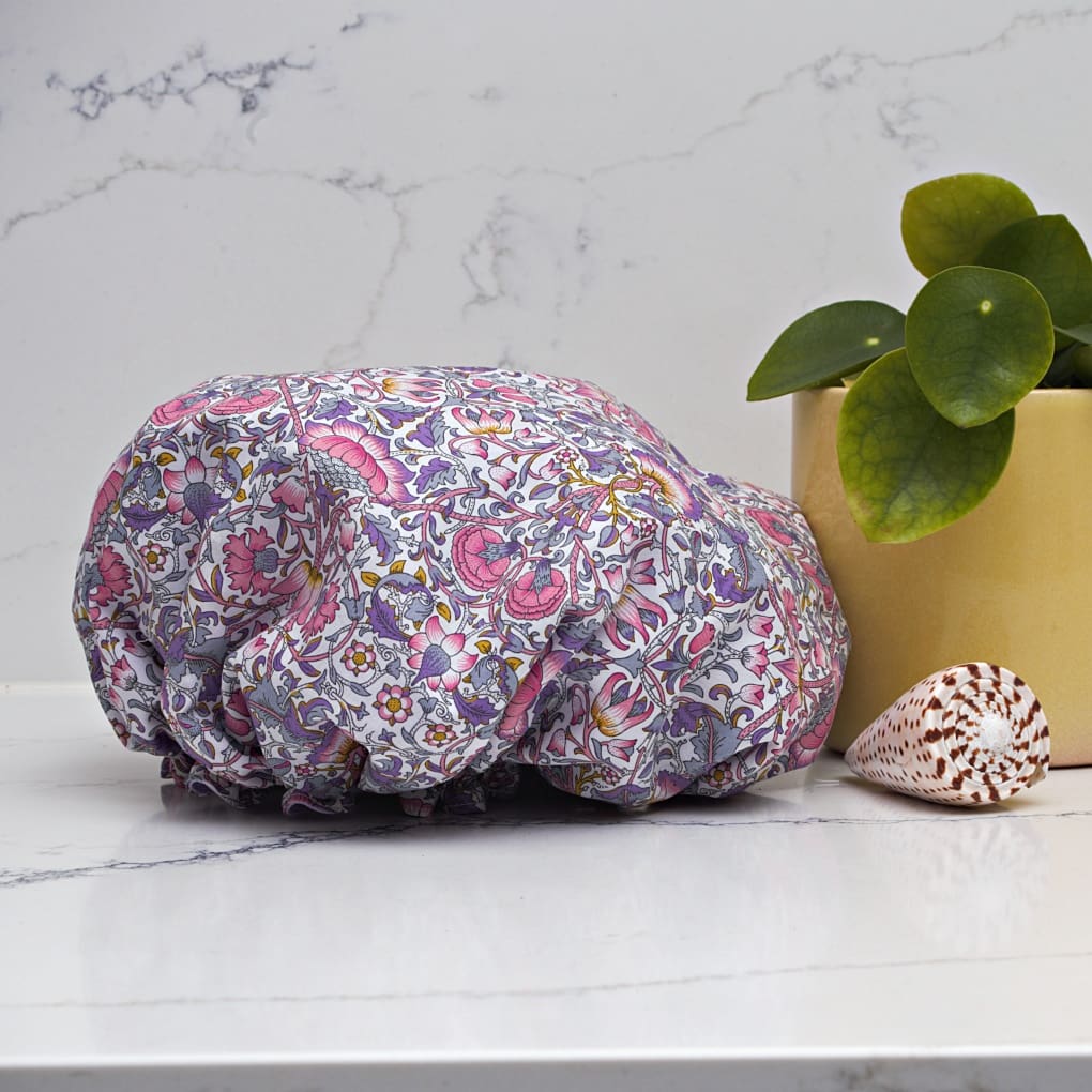 Liberty Print Pink and Mauve Luxury Shower Cap - Image 2