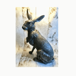 Finely detailed large sitting Hare garden sculpture hand made in cold-cast pewter by sculptor Kirsty Armstrong