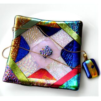 Dichroic fused glass patchwork dish handmade luxury