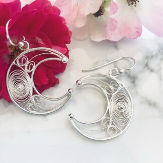 Sterling silver moon earrings with contemporary filigree detail