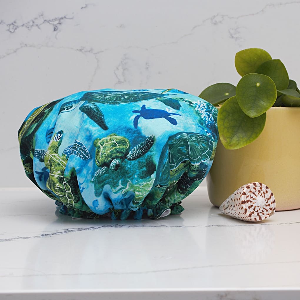 Blue and Green Turtle Print Luxury Shower Cap - Image 2