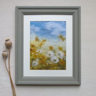 Abstract yellow and white flowers against a blue sky with white clouds.