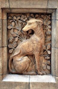 Arts and crafts relief stone carving from the Natural History Museum. Inspiration for the Greyhound and The Bee Tapestry Wall-hanging Kit