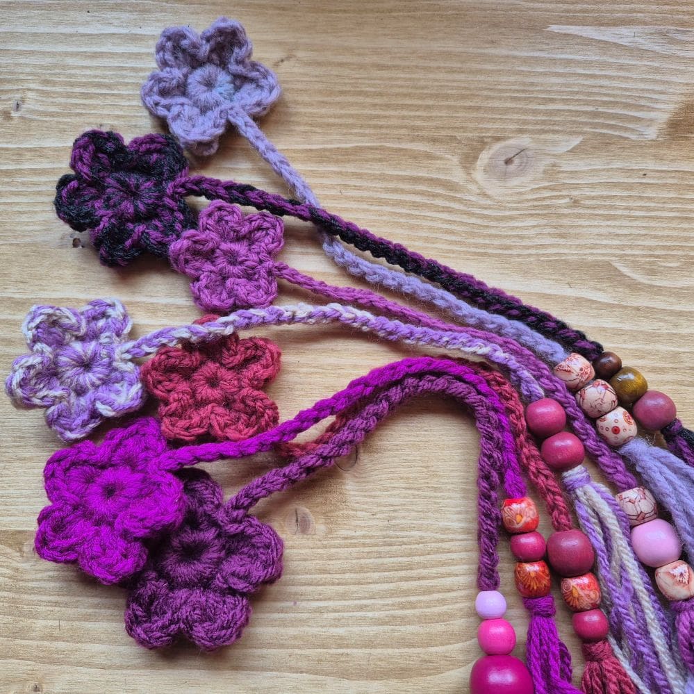 crocheted bookmarks pink purple
