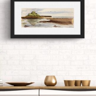 watercolour painting of St Michaels Mount, near Penzance, Cornwall as it would look framed