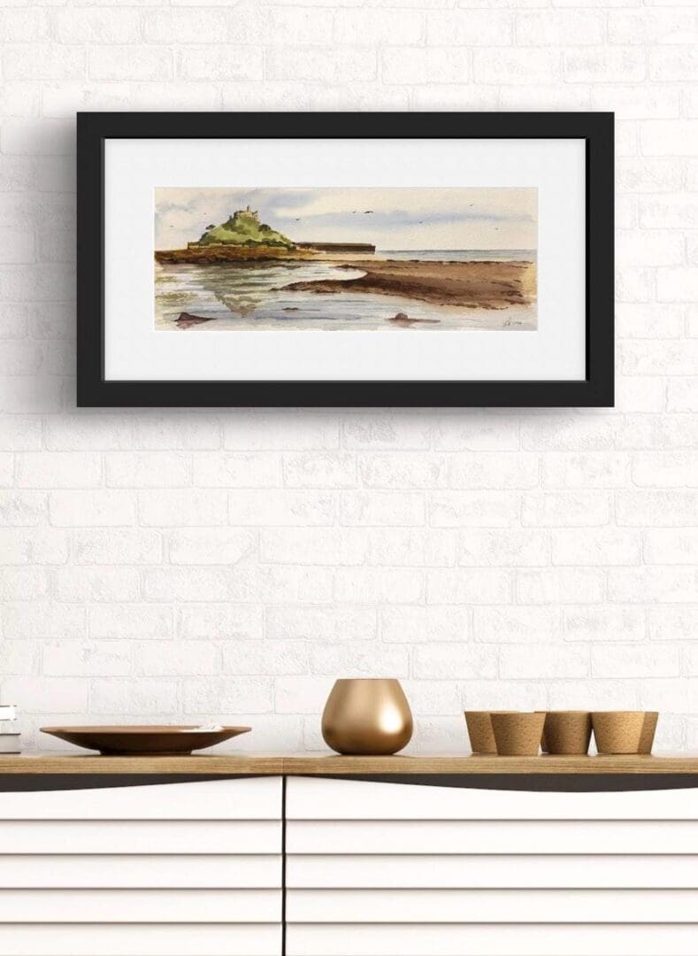 watercolour painting of St Michaels Mount, near Penzance, Cornwall as it would look framed
