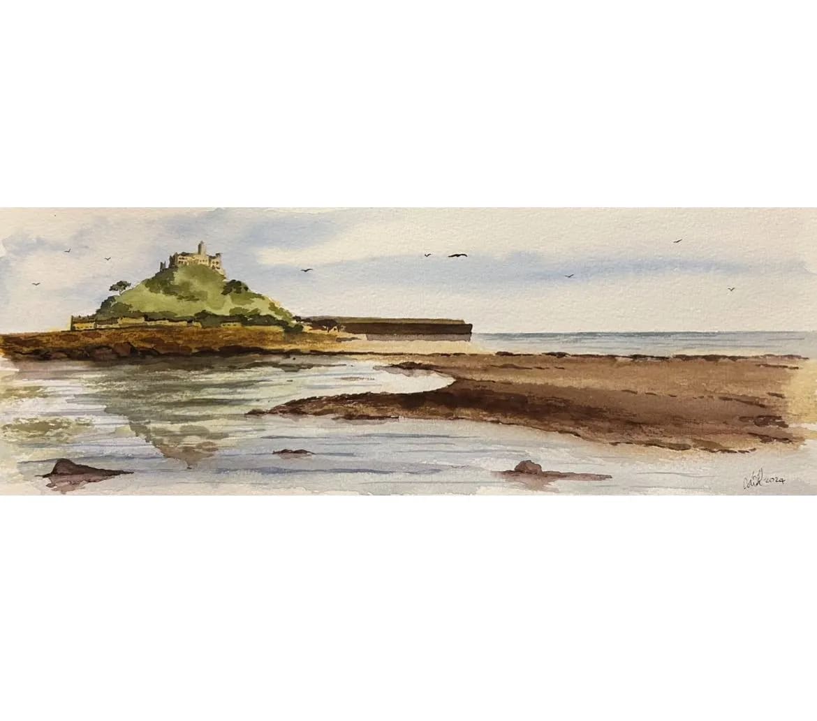 Loose watercolour panoramic painting of St Michaels Mount, near Penzance, Cornwall