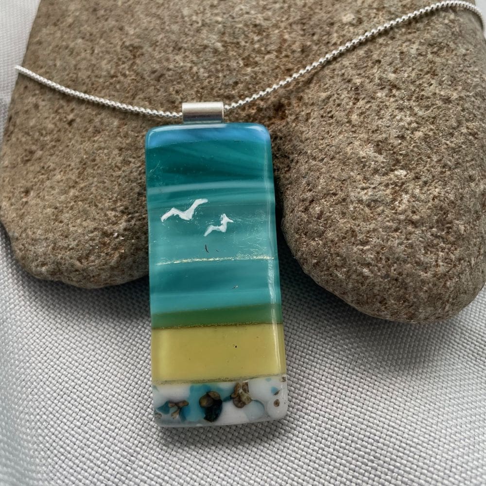 Glass Blue and Amber Beach Scene Pendant