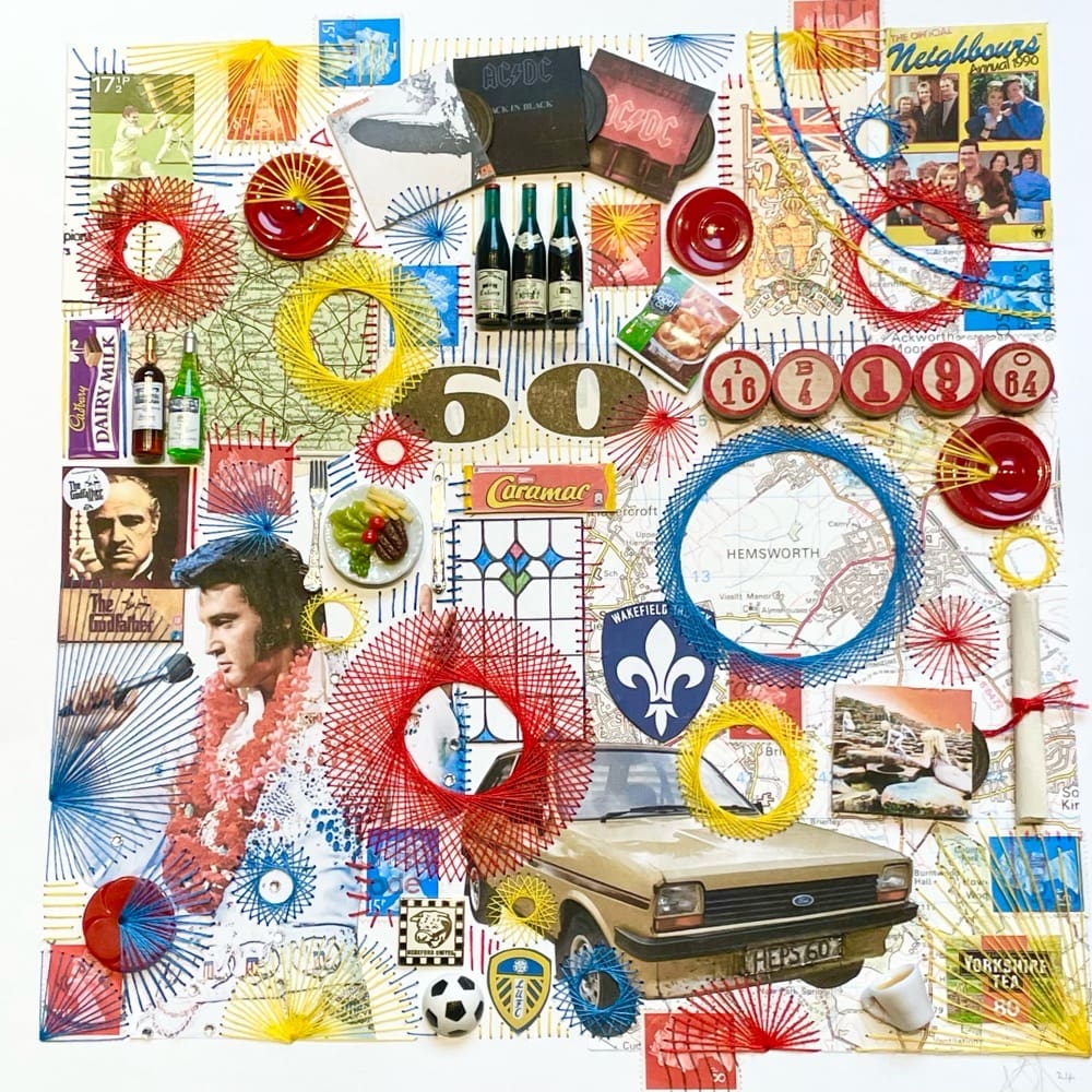 60th birthday celebration collage with hand embroidery