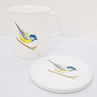 Duo picture of fine china mug and ceramic coaster featuring blue tit artwork