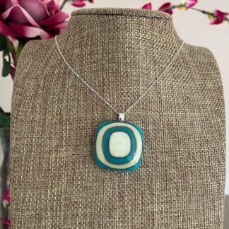 Turquoise Blue and Cream Pendant - Chunky Fused Glass Necklace