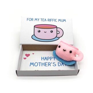 Cute handmade Mother's Day gift. A happy teacup magnet in an illustrated matchbox that reads For my tea-riffic mum on the outside and Happy Mother's Day on the inside
