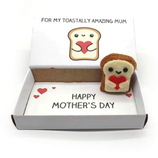 cute handmade mother's day gift. A happy slice of toast magnet in an illustrated matchbox which reads for my toastally amazing mum on the outside and happy mother's day on the inside