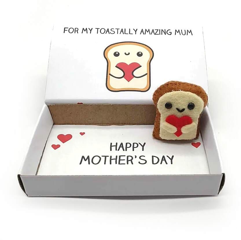 cute handmade mother's day gift. A happy slice of toast magnet in an illustrated matchbox which reads for my toastally amazing mum on the outside and happy mother's day on the inside