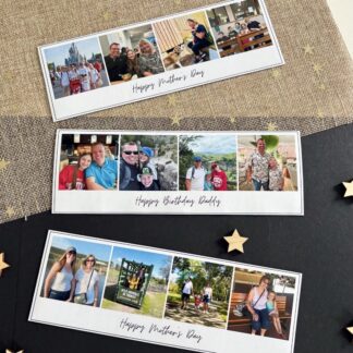 A personalised photo strip magnet featuring four square images in a classic photo booth style, laid out on a smooth surface. The glossy magnet has a sleek white border with a customisable message underneath, perfect for capturing memories from holidays, special occasions, or everyday moments.