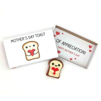 Cute Mother's day gift. A happy slice of toast magnet in an illustrated match box which reads Mother's day toast on the outside and Of appreciation (Happy Mother's day) on the inside