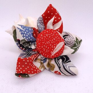 Recycled Japanese Silk Kimono Red and Blue Flower Brooch
