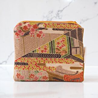 Small Recycled Red Green and Brown Japanese Silk Kimono Purse/ Pouch with Velvet Back