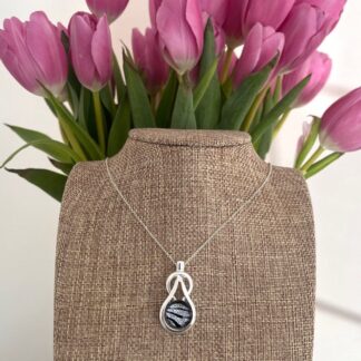 Black and Silver Zebra Necklace, Dichroic Fused Glass Knot Pendant