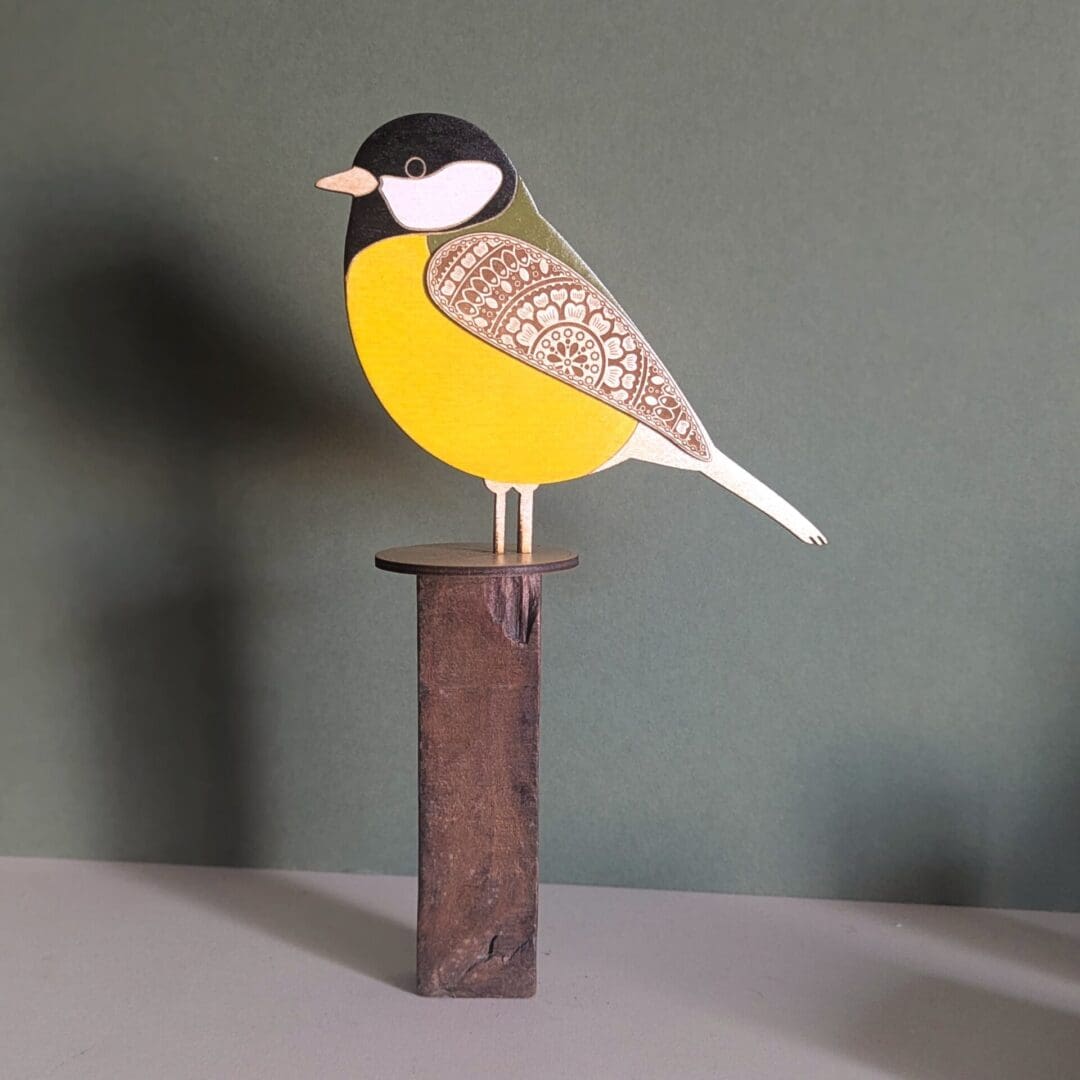 Standing Wooden Great Tit Decoration - Etched and Hand Painted - Image 2