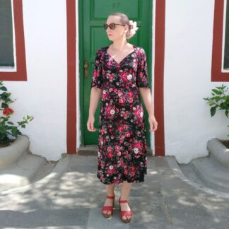 floral midi dress with fluted sleeve and Queen Ann shape neckline