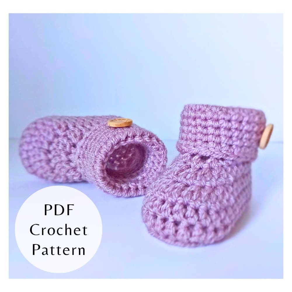 A digital PDF crochet pattern for baby button booties displayed with wooden buttons.